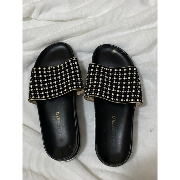Karl Lagerfeld Slide Sandals Kaylee sz 7.5 embellished leather slip on - Picture 1 of 16